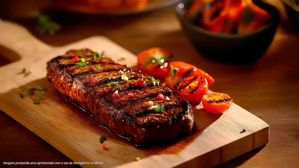 Contrafilé na brasa com tomates grelhados