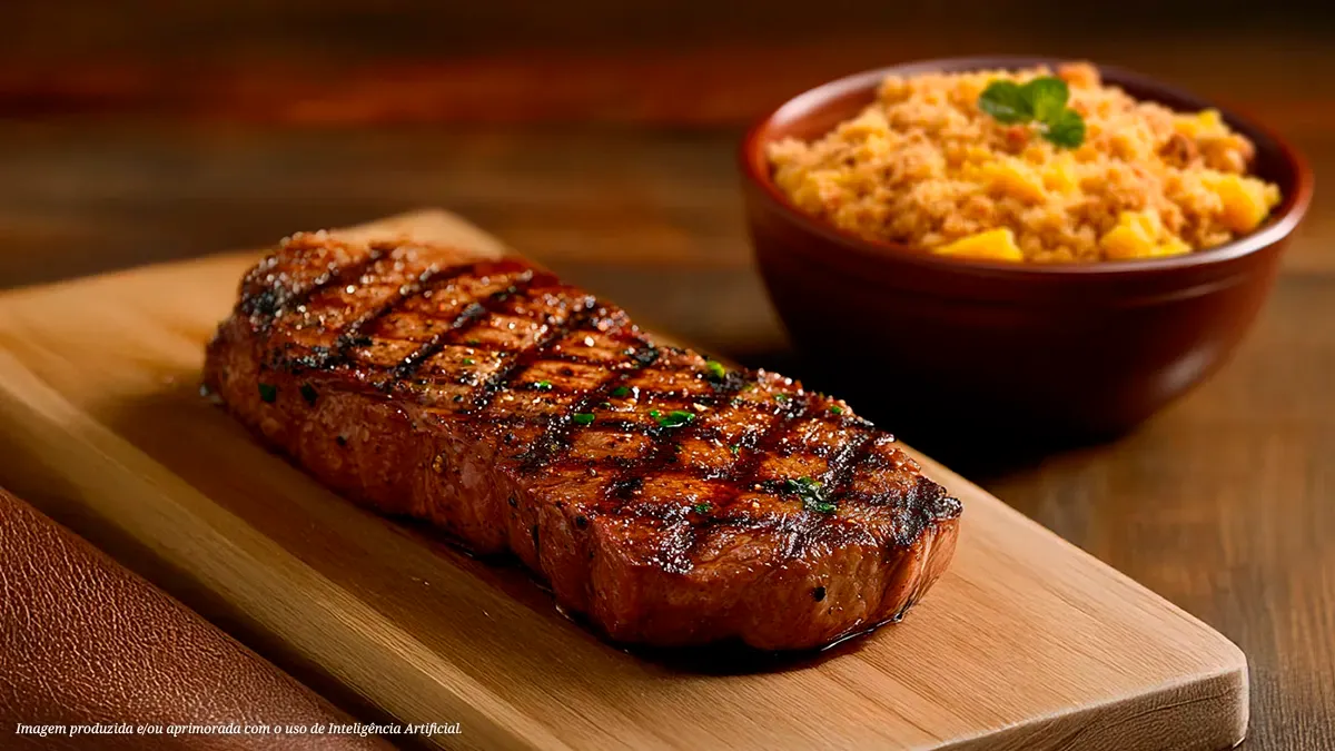 Steak de ancho ao ponto com farofa de banana-da-terra