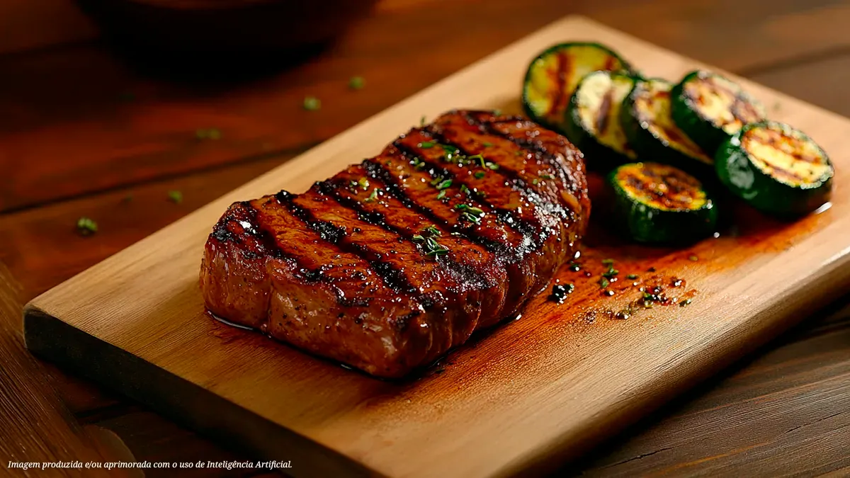 Steak de ancho selado com abobrinhas na brasa