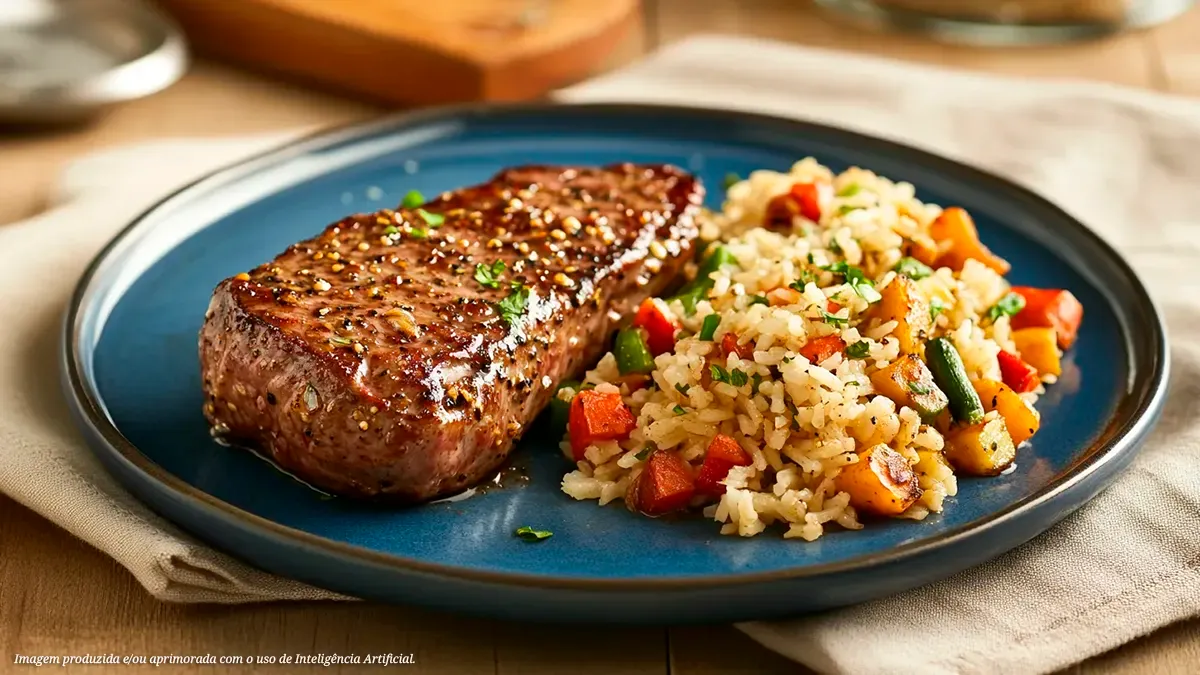 Bife de alcatra com maminha ao alho com arroz à grega