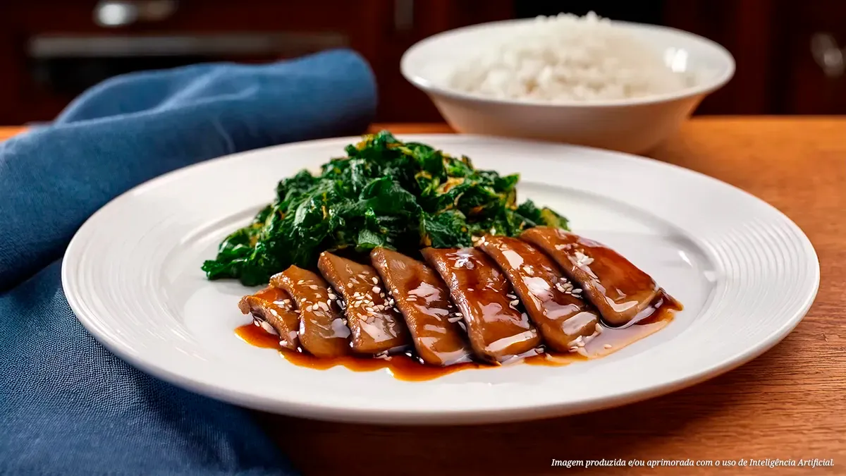 Língua bovina assada na airfryer com molho teriyaki