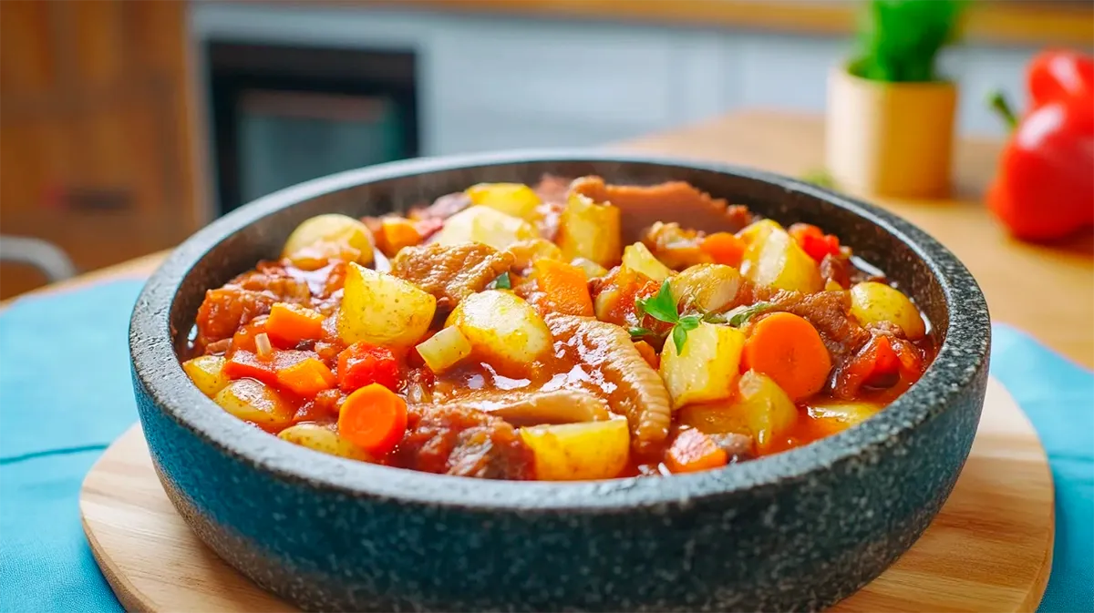 Bucho bovino guisado com legumes e batata
