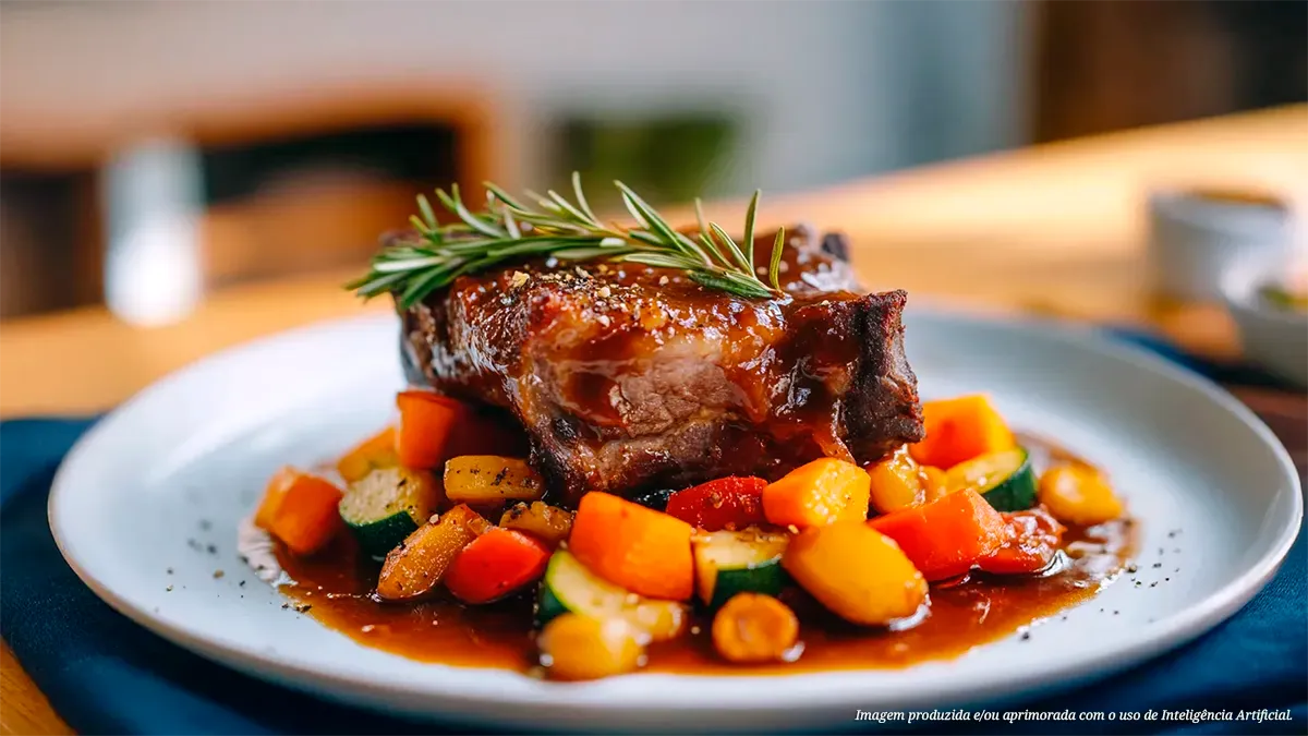 Carne ponta de agulha com molho de alho e legumes assados
