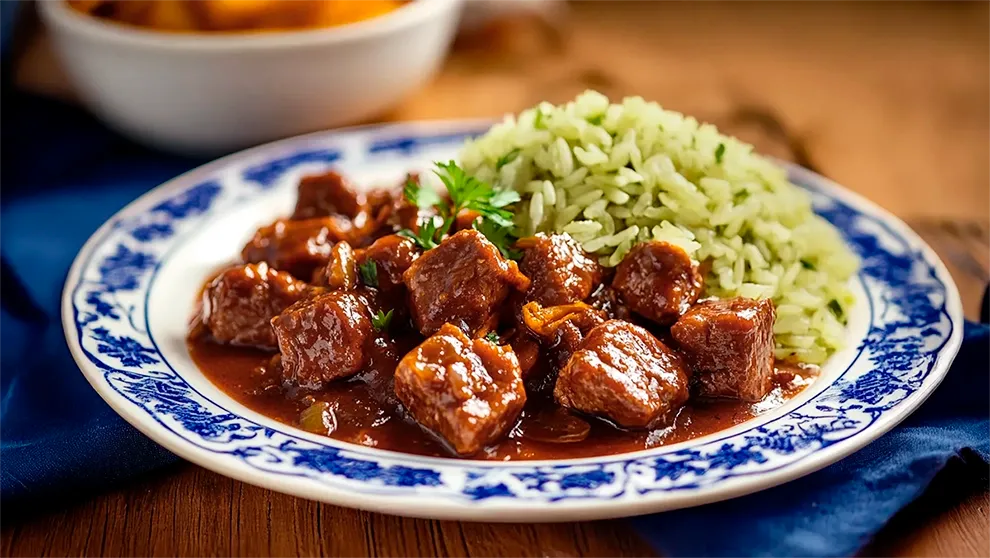 Músculo bovino ao molho barbecue e cebola caramelizada com arroz de brócolis