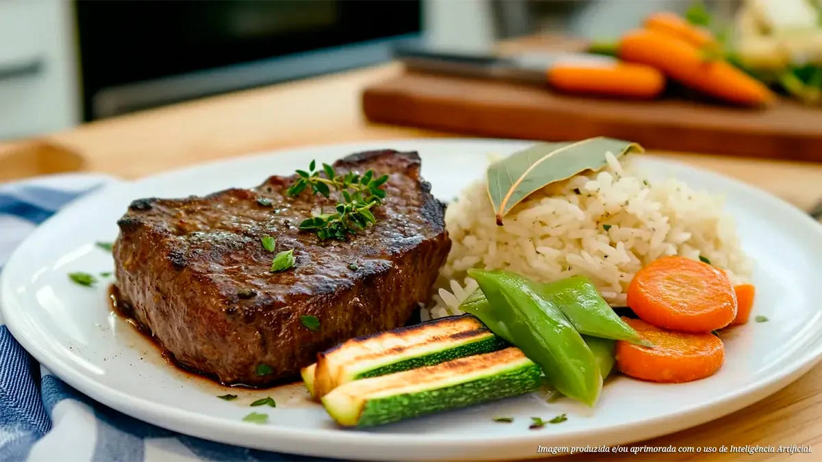 Entrecôte com legumes defumados