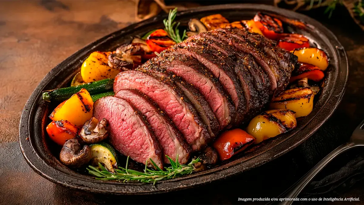 Lagarto com molho de vinho e legumes assados