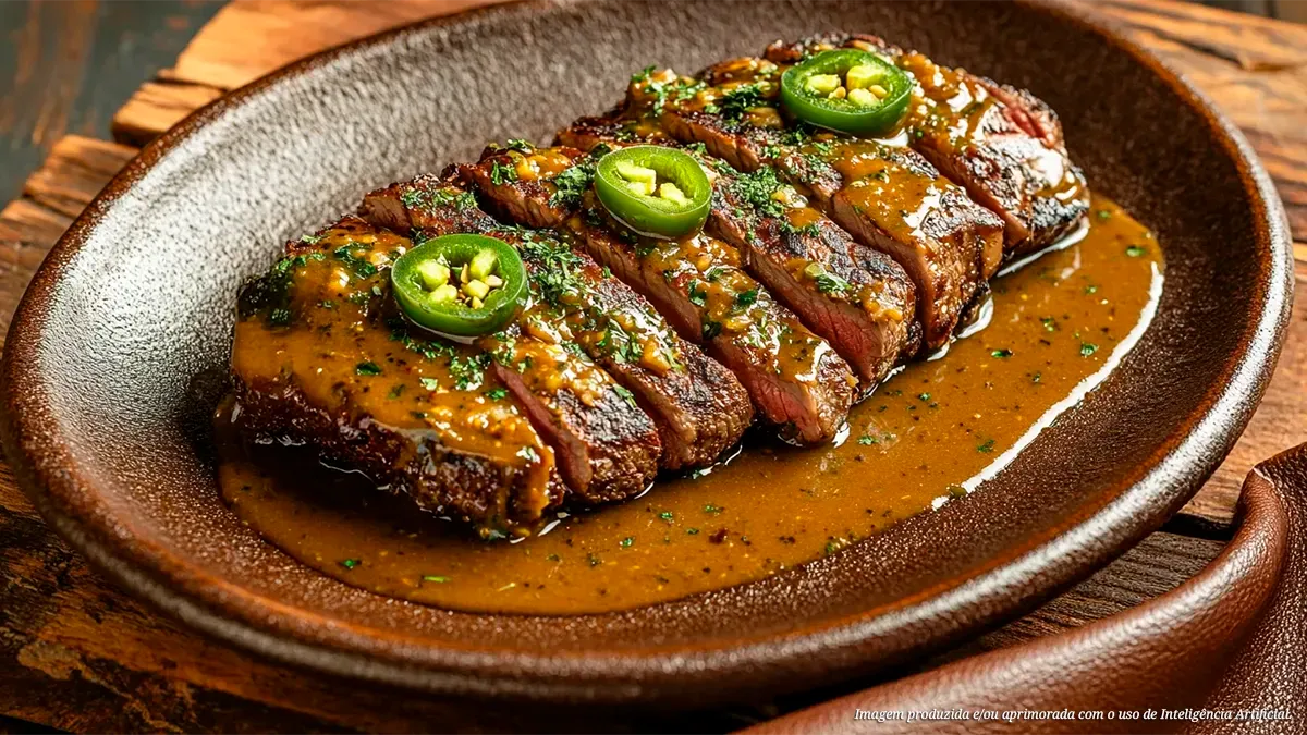 Fraldinha grelhada com molho de pimenta jalapeño e coentro