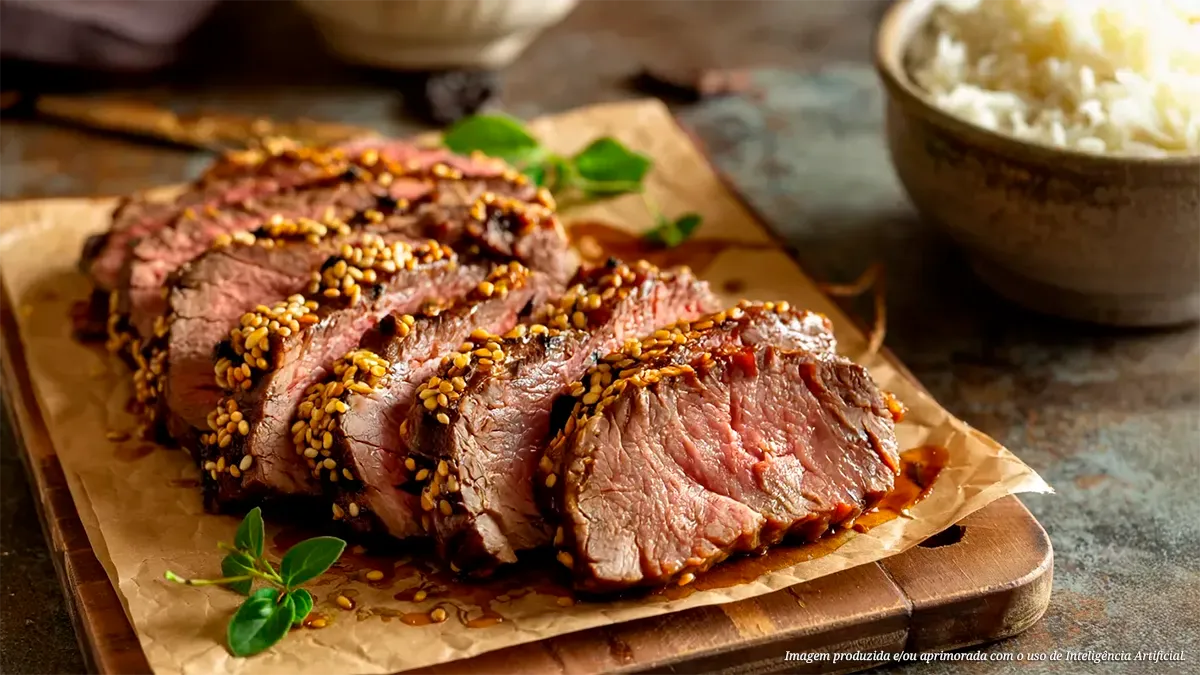 Peixinho na churrasqueira com crosta de gergelim e molho teriyaki