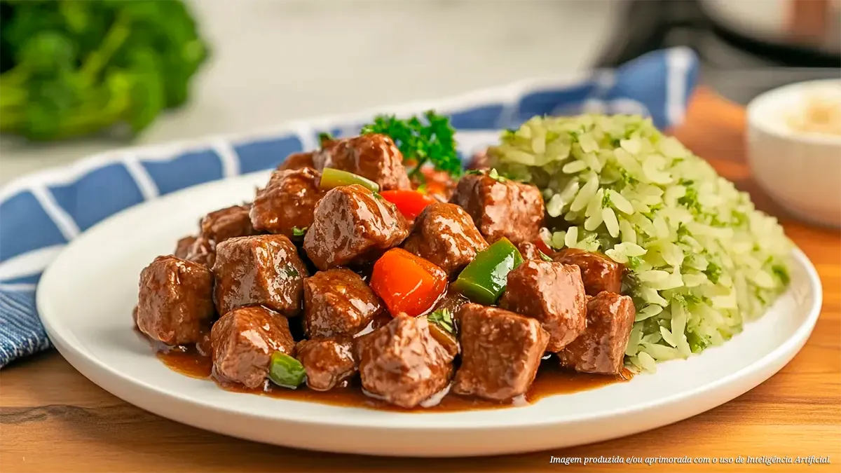 Acém em cubos com arroz de brócolis