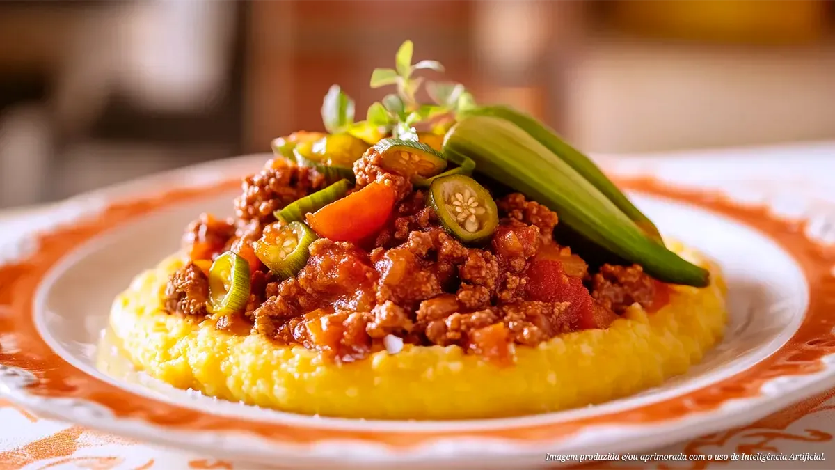 Carne com quiabo e polenta