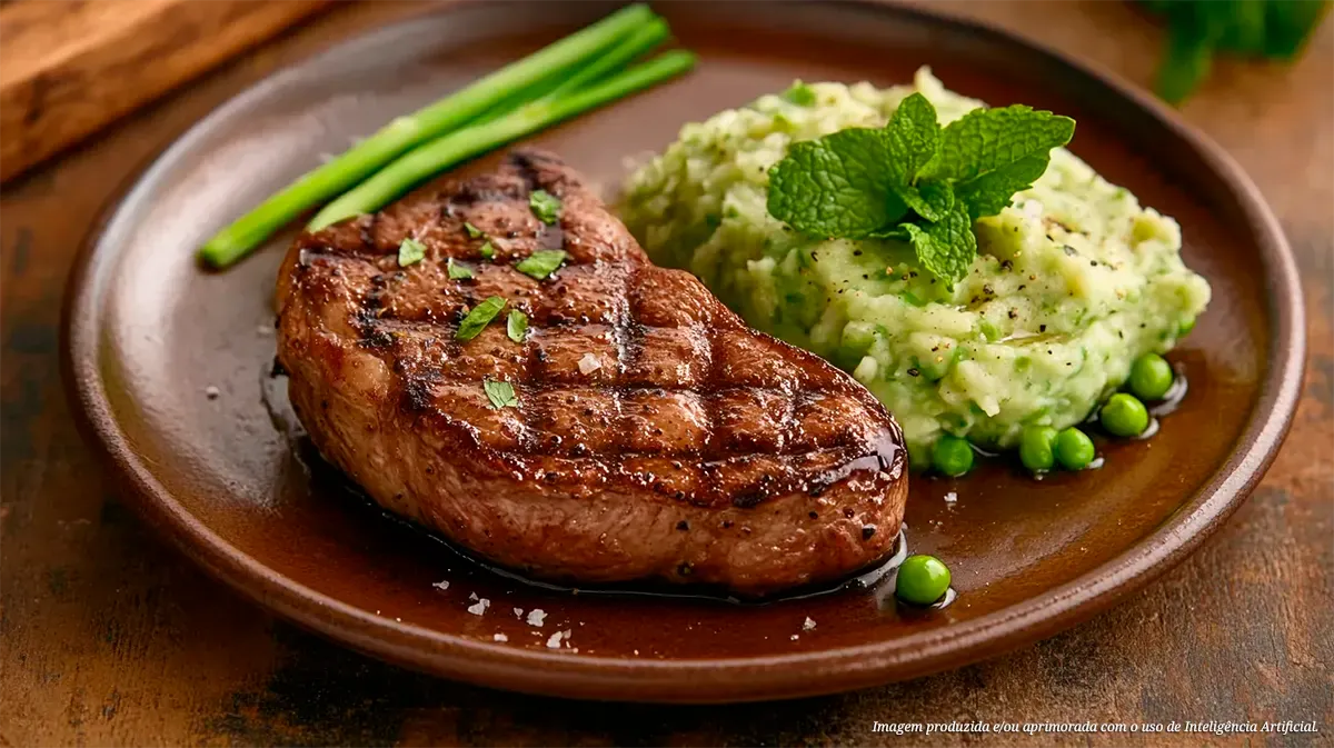 Filé mignon na brasa com purê de ervilha e hortelã