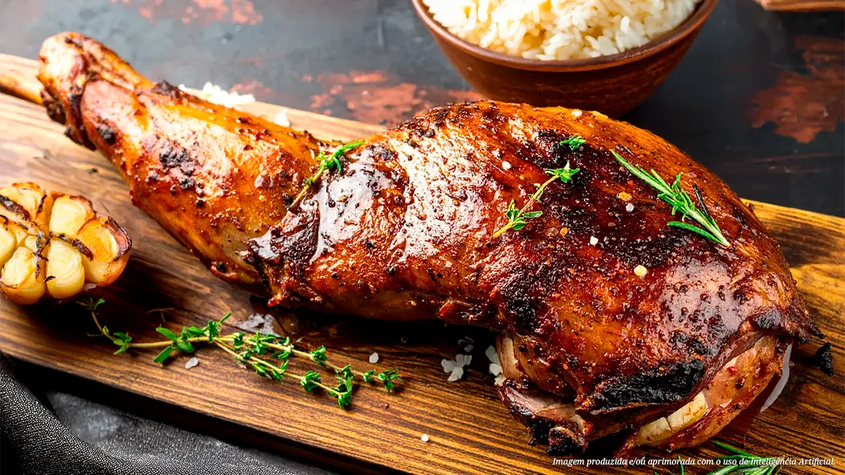 Paleta ovina na brasa com melado e arroz branco