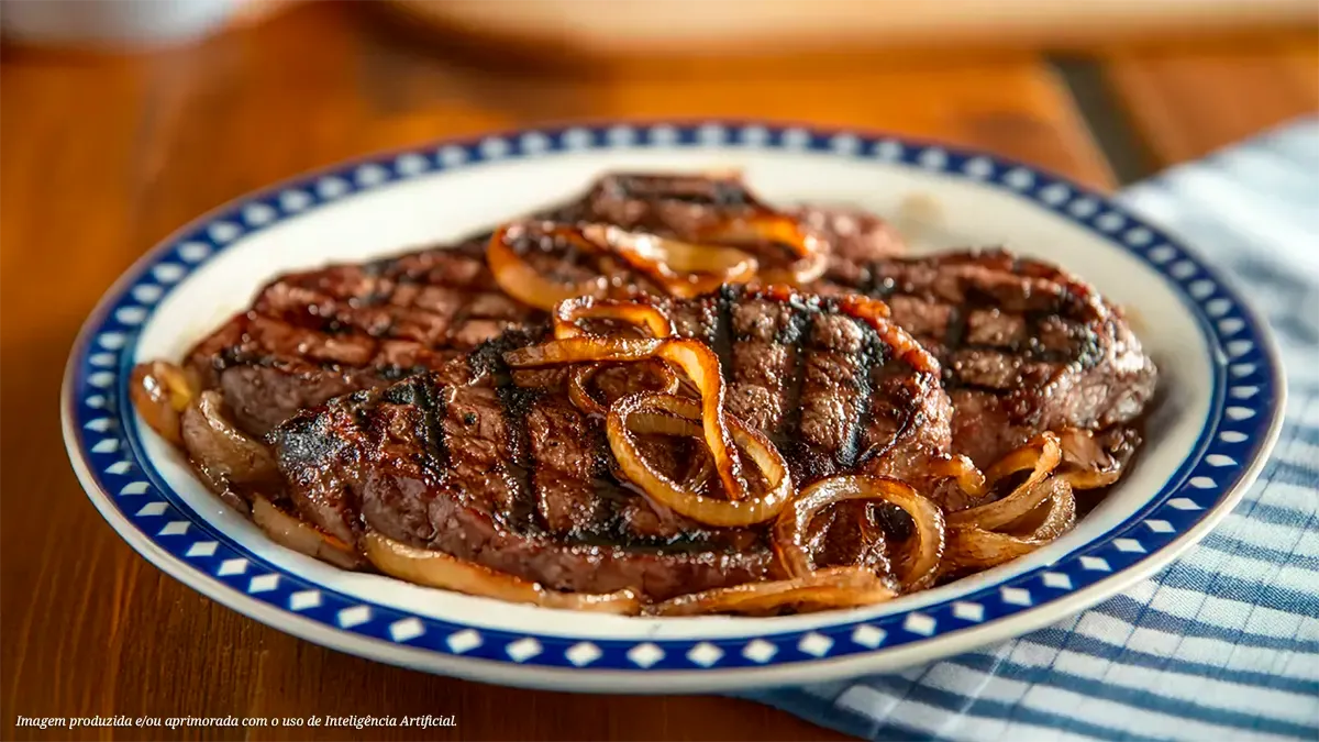 Bife de maminha na cerveja com cebolas caramelizadas