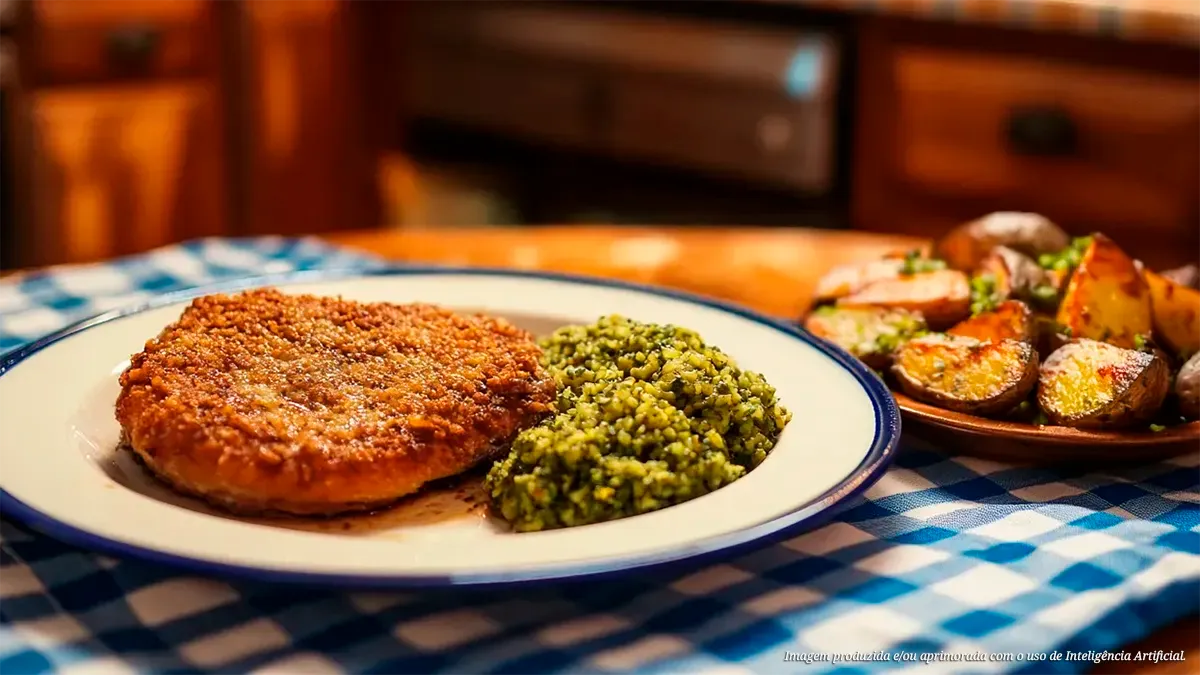 Bife de patinho à milanesa com arroz de brócolis e batata rústica