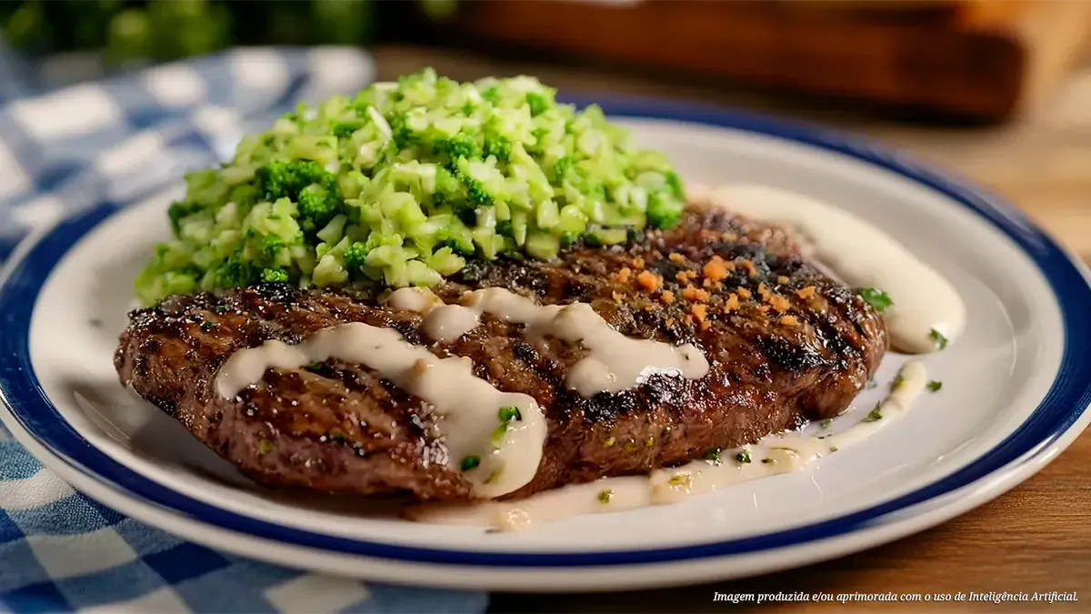 Bife Paris grelhado ao molho de vinho branco com arroz de brócolis e alho crocante