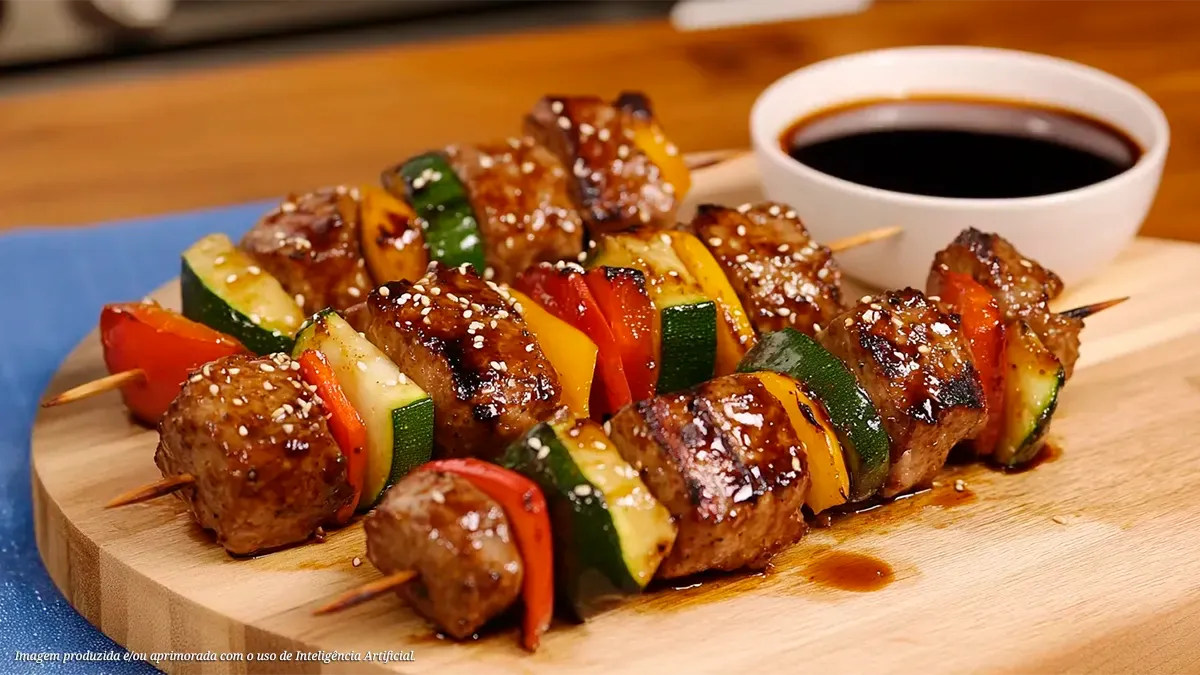 Brochete oriental com legumes grelhados, gergelim e molho teriyaki