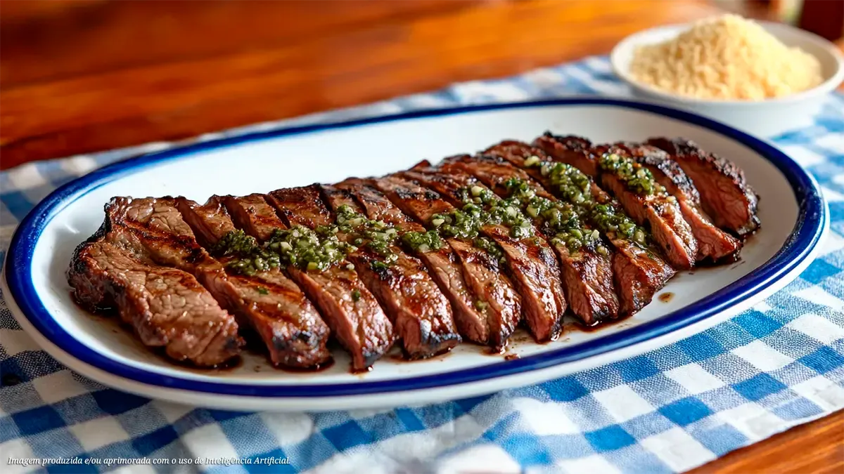 Fraldinha nobre na brasa com molho chimichurri e farofa de alho
