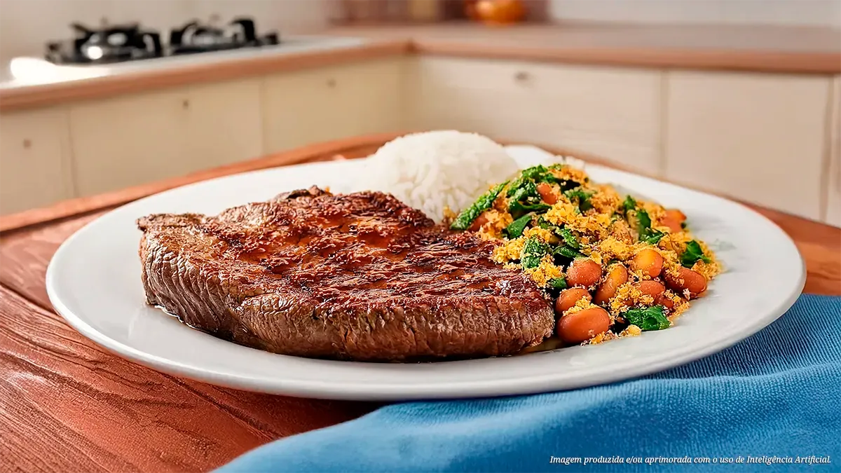 Picanha grelhada com feijão tropeiro e arroz branco