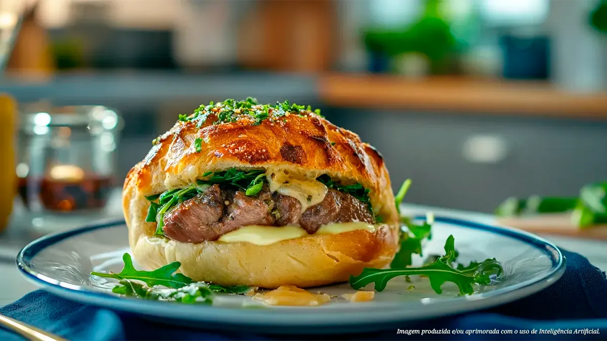 Sanduíche gourmet de flanbeef com manteiga de alho e parmesão