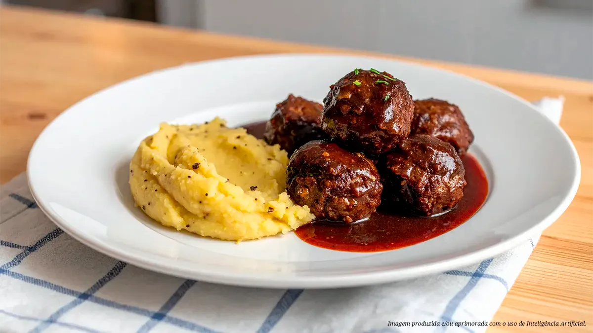 Almôndegas ao molho de vinho com purê de batata trufado