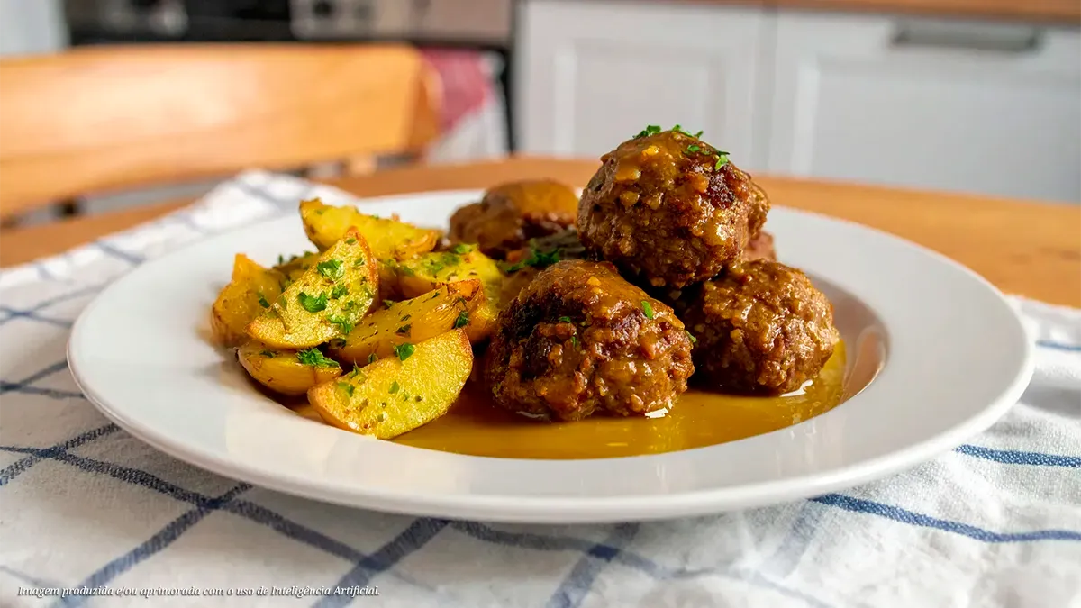 Almôndegas assadas com batata baroa e molho de mostarda e mel