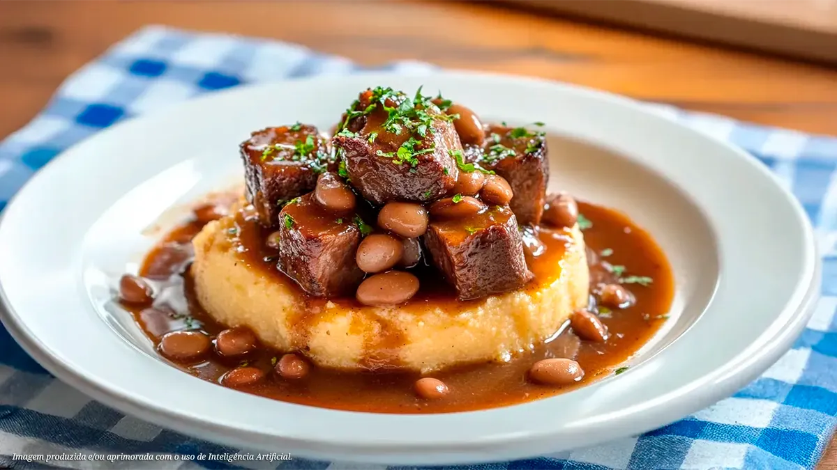 Músculo e fava no caldo de cana com polenta