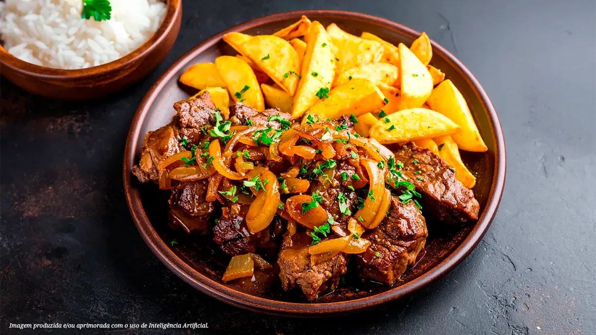 Peixinho grelhado com molho de cebola caramelizada e batatas rústicas