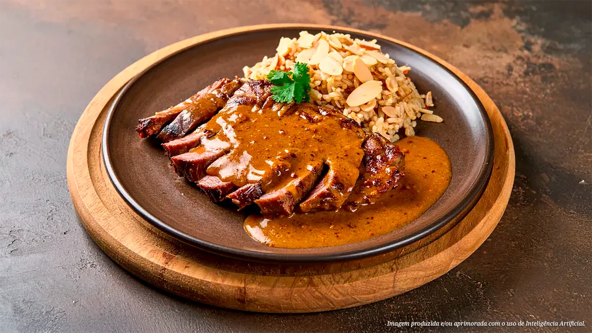 Raquete bovina ao curry com arroz de amêndoas