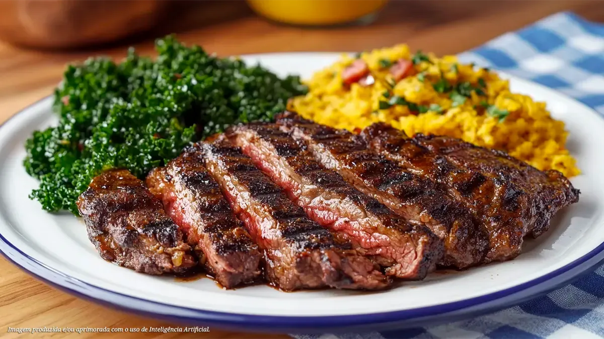 Bife mineira grelhado com farofa de ovo e salada de couve