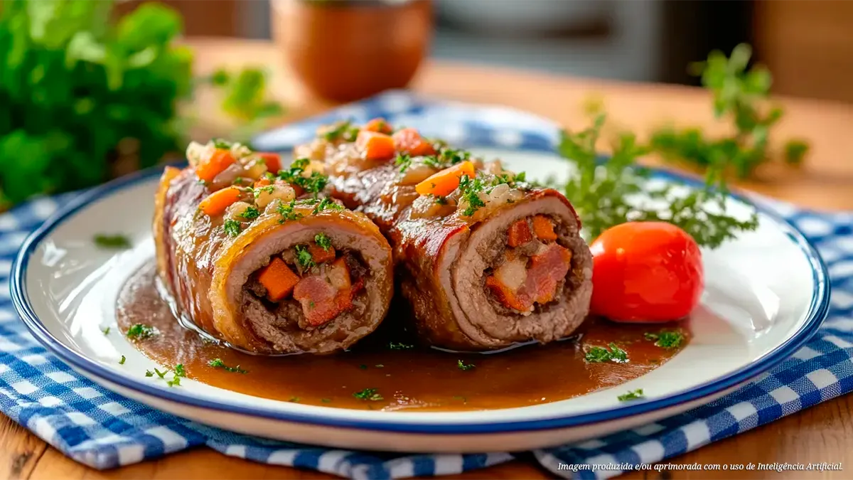 Bife de coxão duro à rolê com bacon, cenoura e molho caseiro