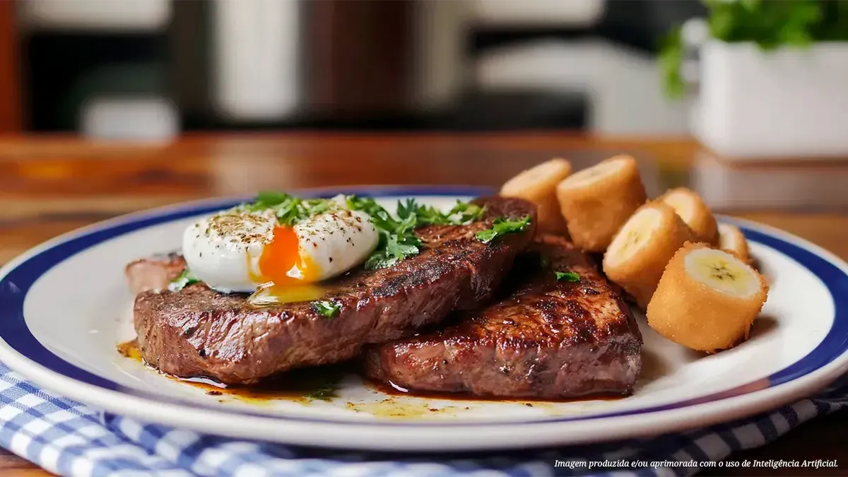 Bife de coxão duro com ovo poché e banana à milanesa