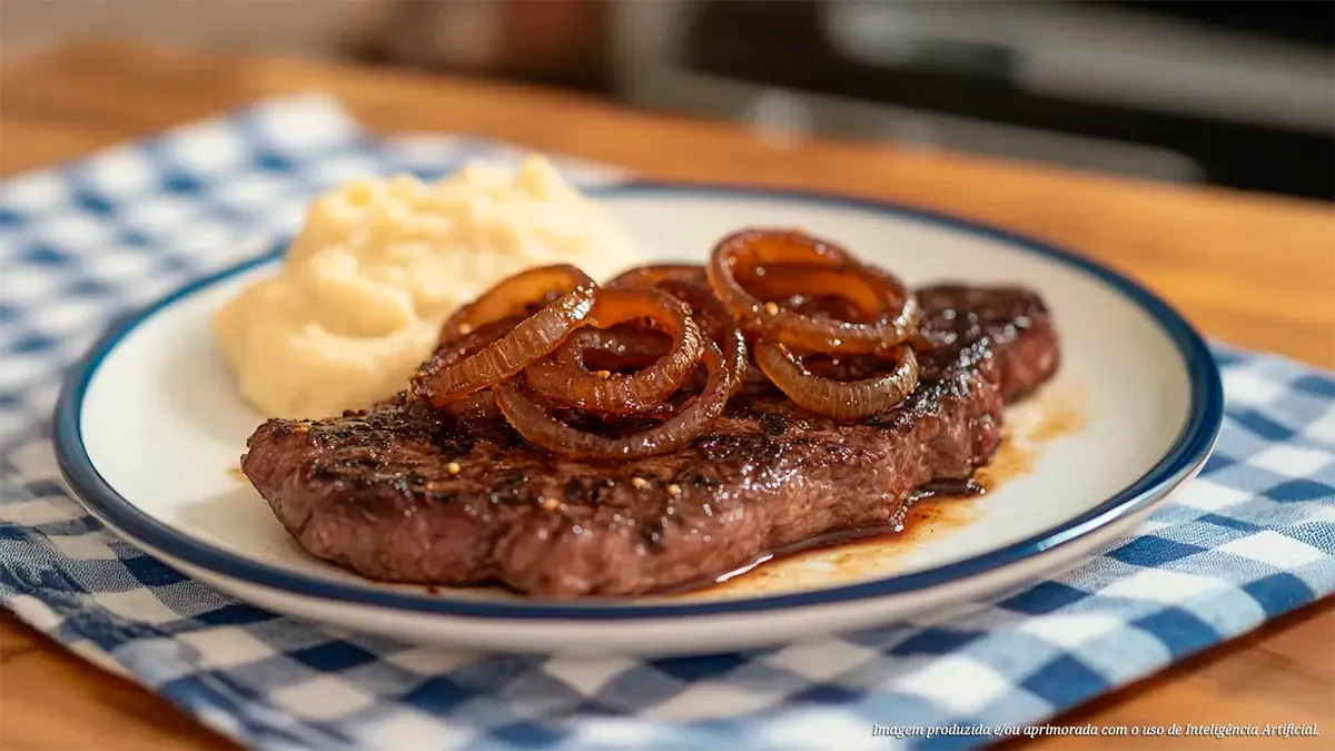 Bife de coxão duro grelhado com cebola caramelizada e purê cremoso