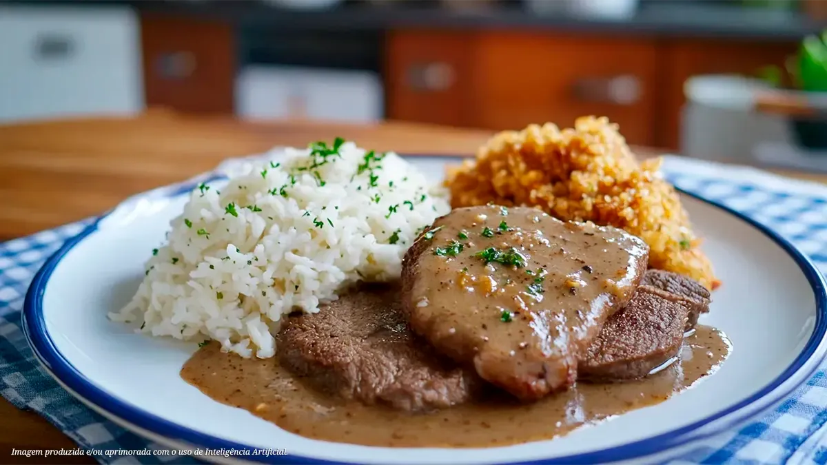 Bife de lagarto ao molho ferrugem com arroz branco e farofa crocante