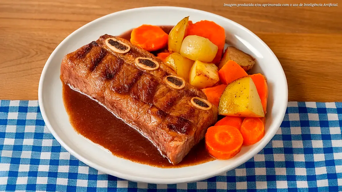 Costela borboleta na pressão ao vinho tinto com legumes