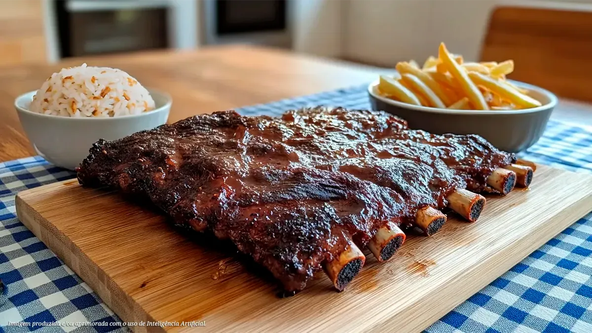 Costela na brasa com arroz de alho e batata frita