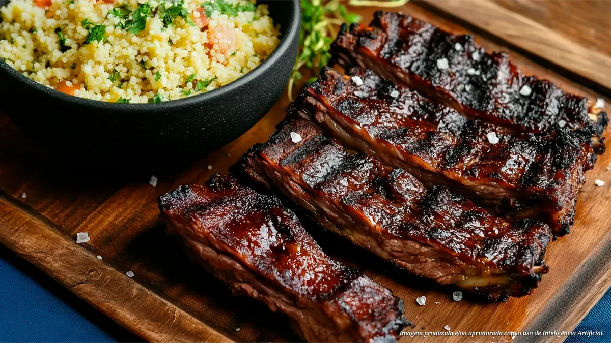 Costela na brasa com molho de hortelã e couscous marroquino