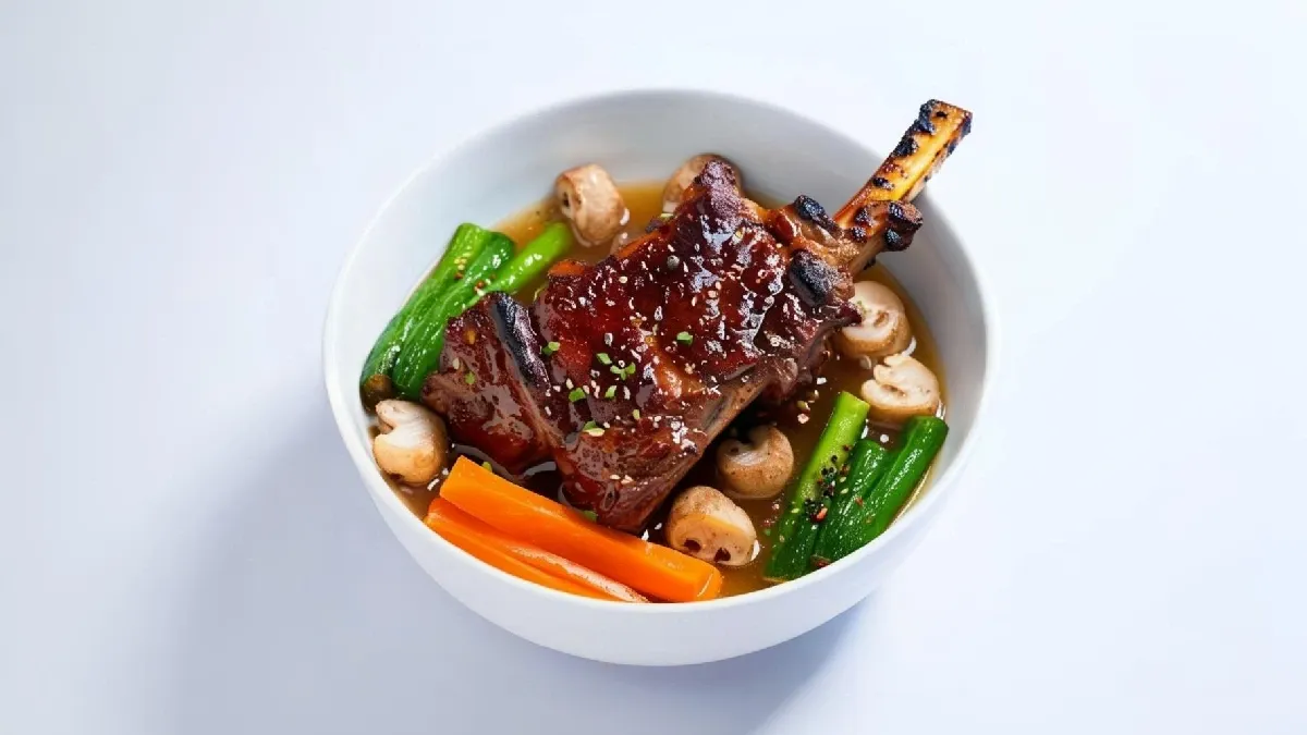 Costela com daikon, cenoura e batata doce