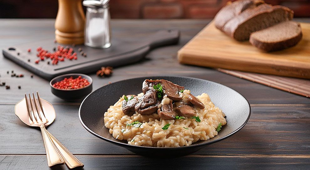Risoto de cogumelos com contrafilé