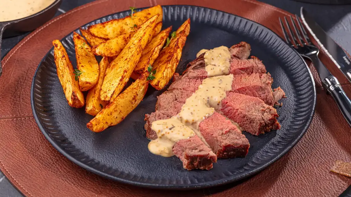 Entrecote com Molho de Mostarda e Fritas Temperadas