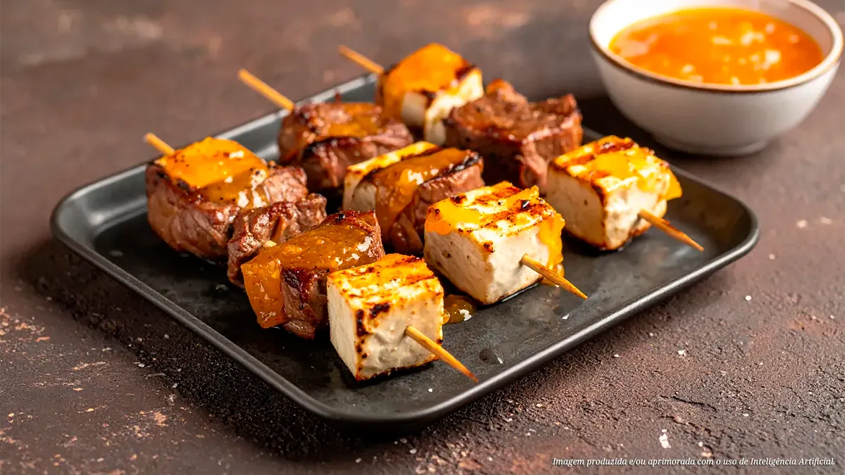 Espetinho de bochecha bovina com queijo coalho e geleia de damasco