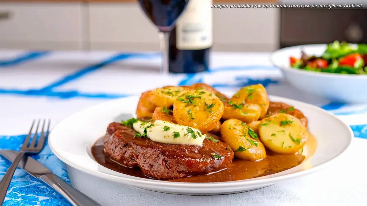 Bife do vazio com manteiga de ervas e batatas ao murro