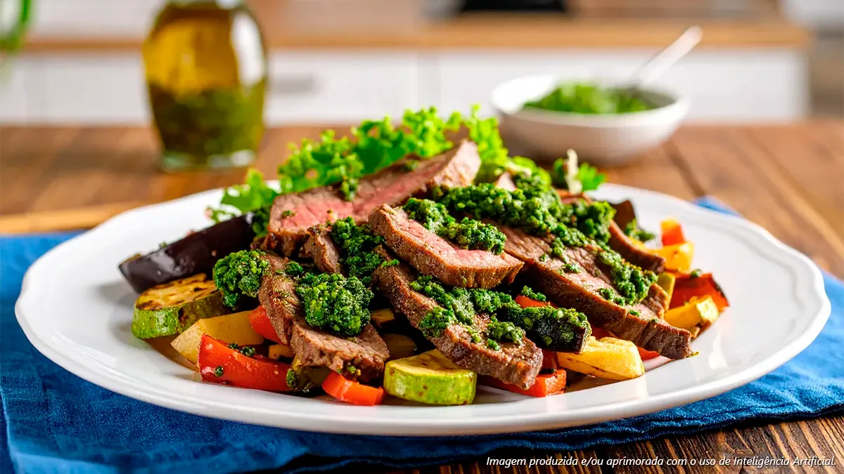 Bife do vazio com molho chimichurri e legumes grelhados