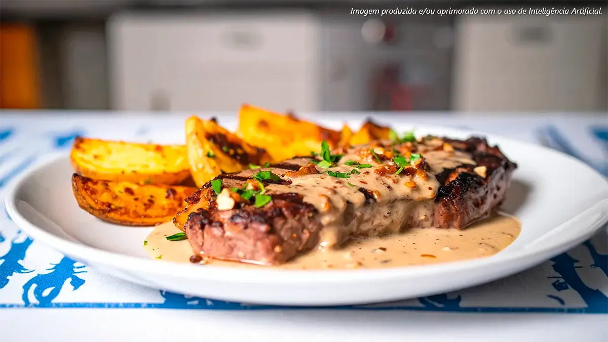 Diafragma bovino grelhado com molho de gorgonzola e batatas rústicas
